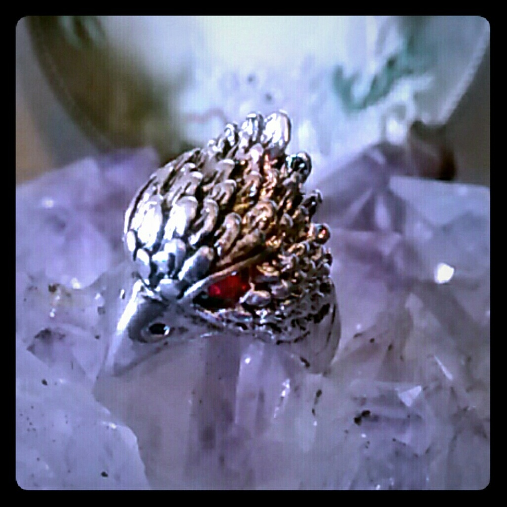 Very Cool Silver-Tone Vulture Ring w Red Rhineston